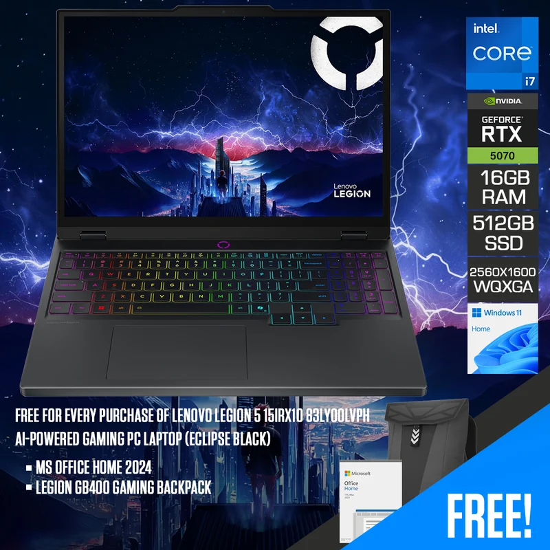 Lenovo Legion 5 15IRX10 83LY00LVPH AI-Powered Gaming PC Laptop (Eclipse Black) | 15.1" WQXGA (2560x1600) OLED 165Hz | Core i7-14700HX | 16GB RAM | 512GB SSD | RTX 5070 | Windows 11 Home | MS Office Home 2024 + Legion GB400 Gaming Backpack
