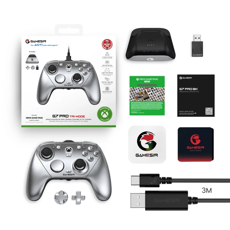 GameSir G7 Pro Tri-Mode Wired/ Wireless Gaming Controller for Xbox / Mobile / PC (Silver)