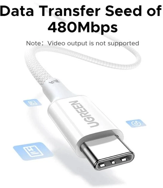 Ugreen USB-C to USB-C 5A/100W PD Fast Charging Braided Cable - 2m (Black, White)