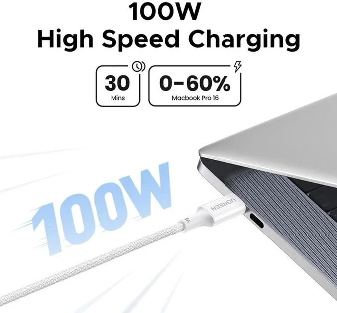 Ugreen USB-C to USB-C 5A/100W PD Fast Charging Braided Cable - 2m (Black, White)