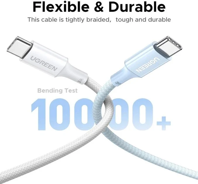 Ugreen USB-C to USB-C 5A/100W PD Fast Charging Braided Cable - 2m (Black, White)