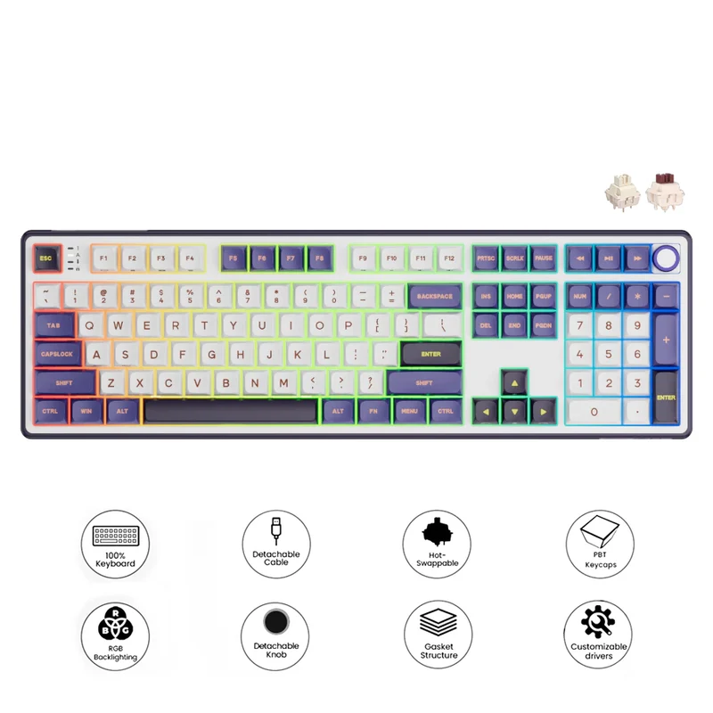 Royal Kludge R108 Single-Mode RGB 107 Keys Mechanical Keyboard Blackberry (Creamy Switch, Snowfall Switch)