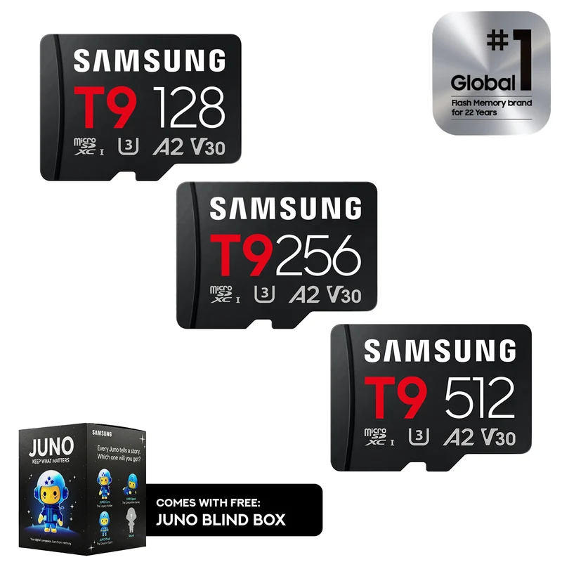 Samsung T9 UHS-I C10 U3 V30 A2 200MB/s Read microSDXC Card (128GB, 256GB, 512GB) (MB-MH128T, MB-MH256T, MB-MH512T) + Free Juno Blind Box