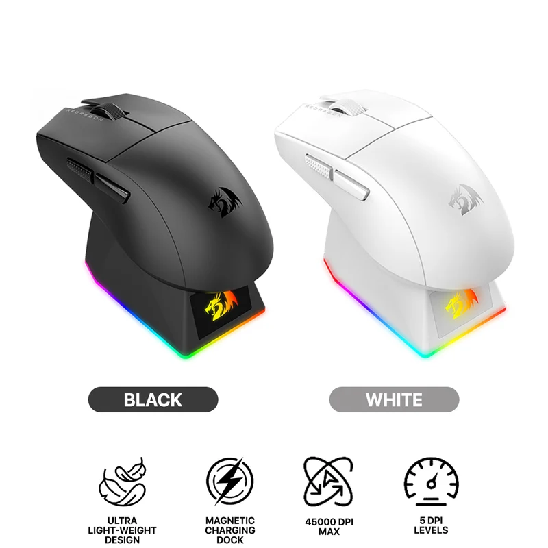 Redragon K1ng Max 45000 DPI 3-Mode RGB Wireless Gaming Mouse & Charging Dock (Black, White) (M916-Max, M916W-Max)