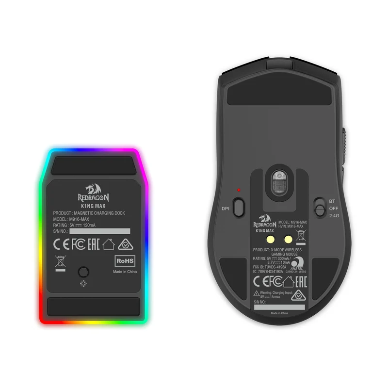 Redragon K1ng Max 45000 DPI 3-Mode RGB Wireless Gaming Mouse & Charging Dock (Black, White) (M916-Max, M916W-Max)