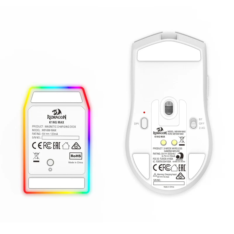 Redragon K1ng Max 45000 DPI 3-Mode RGB Wireless Gaming Mouse & Charging Dock (Black, White) (M916-Max, M916W-Max)
