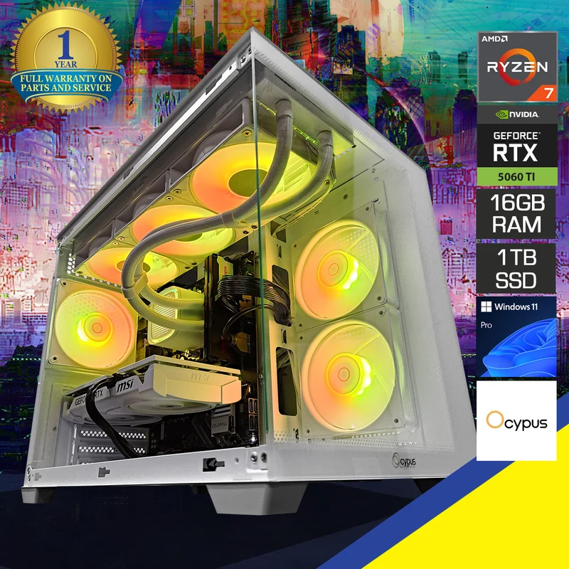 Aurora C54 White Desktop Gaming PC | AMD Ryzen 7 8700F | 16GB (2x8GB) RAM | 1TB SSD | RTX 5060 Ti | Windows 11 Pro