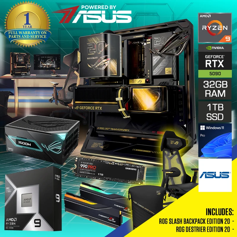 Asus ROG 20th Anniversary Edition Desktop Gaming PC + ROG Slash Backpack Edition 20 + ROG Destrier Edition 20
