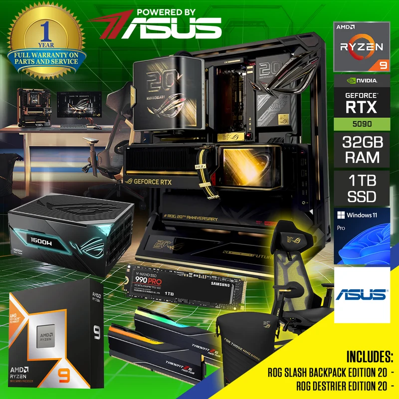 Asus ROG 20th Anniversary Edition Desktop Gaming PC + ROG Slash Backpack Edition 20 + ROG Destrier Edition 20