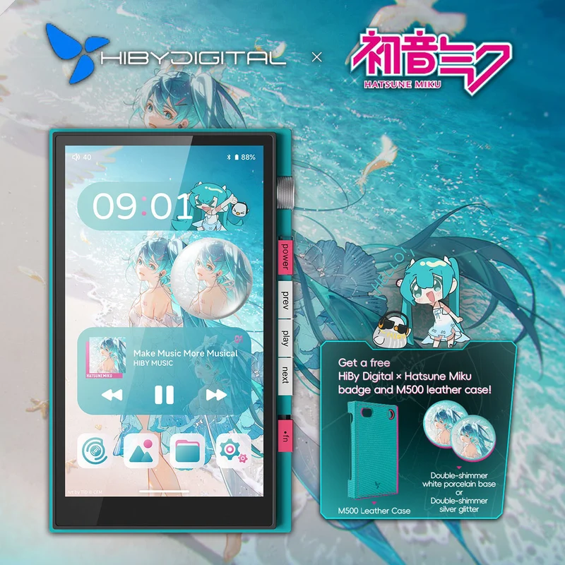 HiBy Digital X Hatsune Miku M500 Wi-Fi Digital Audio Player (Cyan) with Pin Badge + HiBy M500 Leather Case