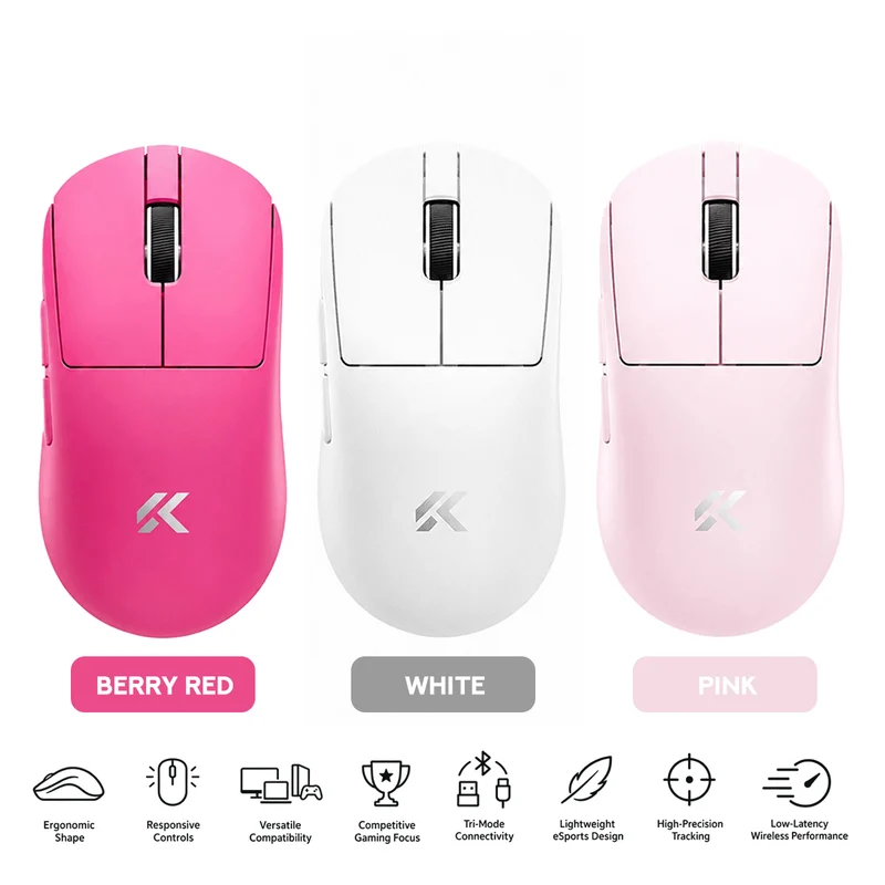 MCHOSE A7 V3 Pro Tri-Mode Lightweight eSports Gaming Mouse (Berry Red, White, Pink)