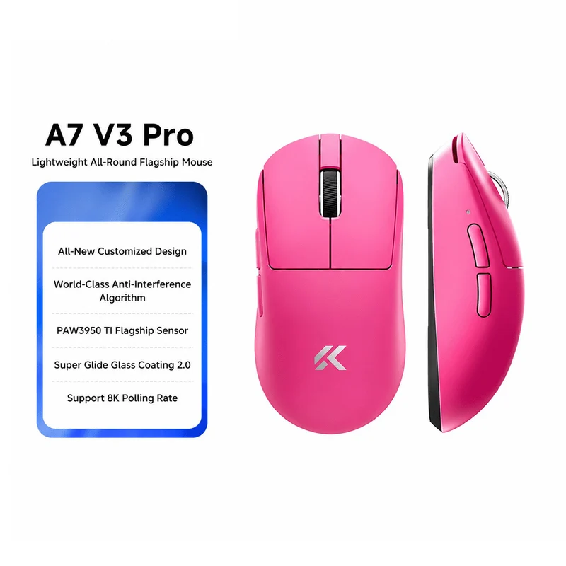 MCHOSE A7 V3 Pro Tri-Mode Lightweight eSports Gaming Mouse (Berry Red, White, Pink)