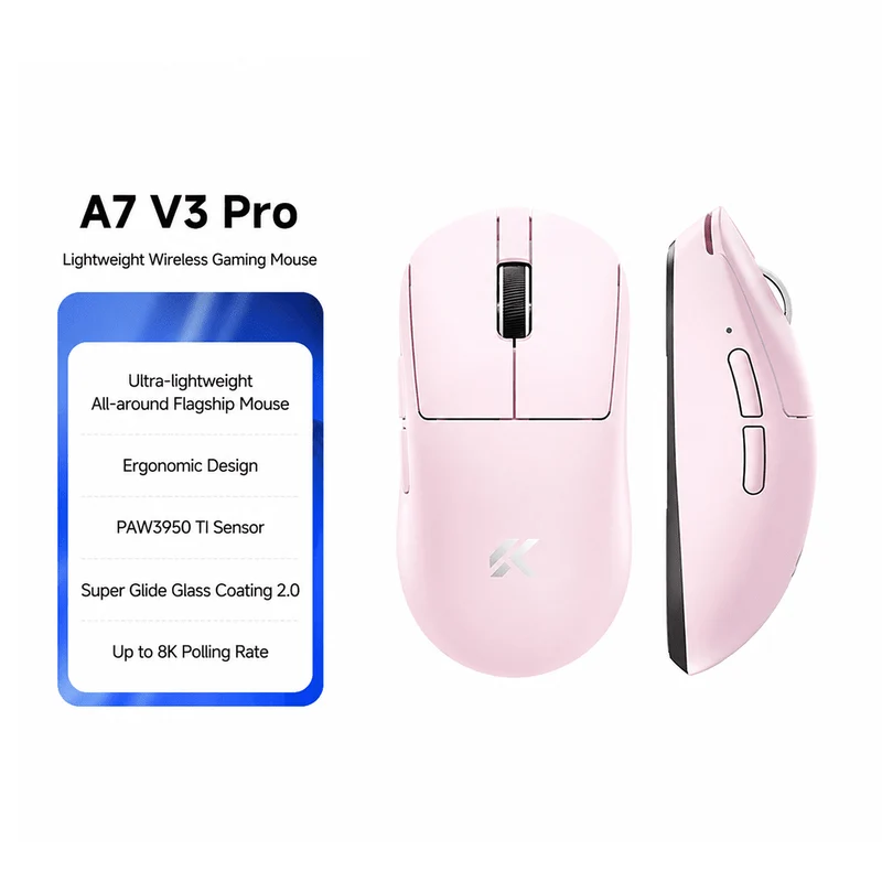 MCHOSE A7 V3 Pro Tri-Mode Lightweight eSports Gaming Mouse (Berry Red, White, Pink)