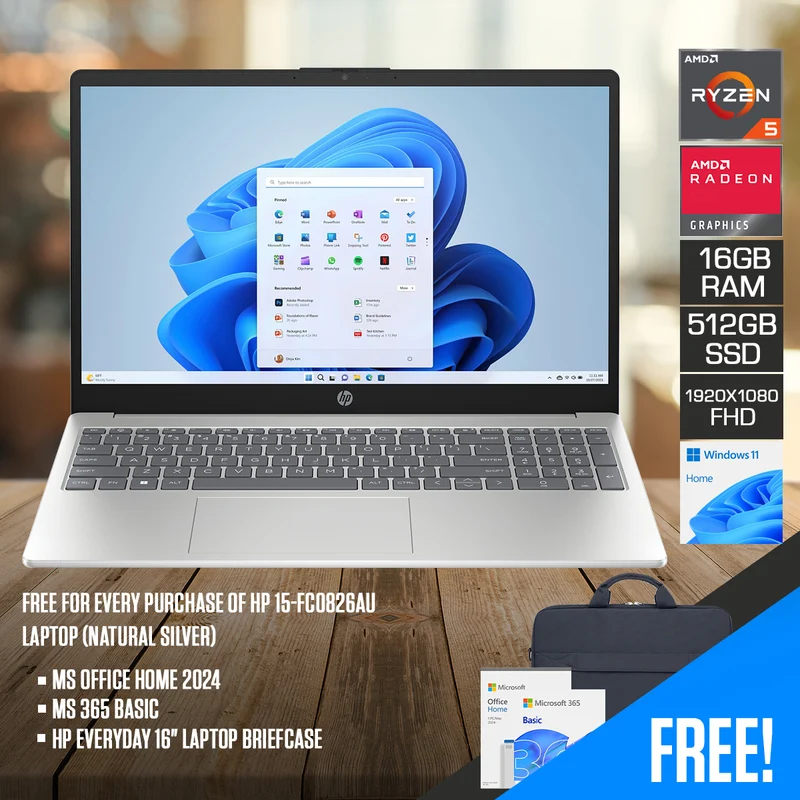 HP 15-fc0826AU Laptop (Natural Silver) | 15.6" FHD (1920x1080) IPS | Ryzen 5 7530U | 16GB RAM | 512GB SSD | AMD Radeon Graphics | Windows 11 Home | MS Office Home 2024 + MS 365 Basic + HP Everyday 16" Laptop Briefcase