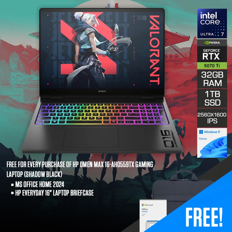 HP Omen Max 16-ah0559TX Gaming Laptop (Shadow Black) | 16" WQXGA (2560x1600) 240Hz IPS | Core Ultra 7 255HX | 32GB RAM | 1TB SSD | RTX 5070 Ti | Windows 11 Home | MS Office Home 2024 + HP Everyday 16" Laptop Briefcase
