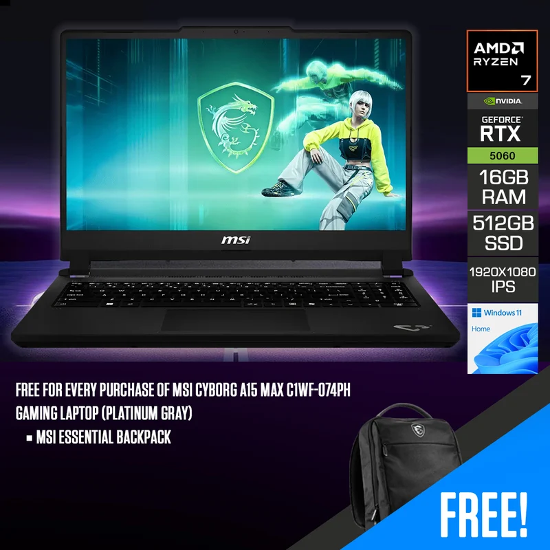MSI Cyborg A15 Max C1WF-074PH Gaming Laptop (Platinum Gray) | 15.6" FHD (1920x1080) 144Hz IPS | Ryzen 7 170 | 16GB RAM | 512GB SSD | RTX 5060 | Windows 11 Home + MSI Essential Backpack