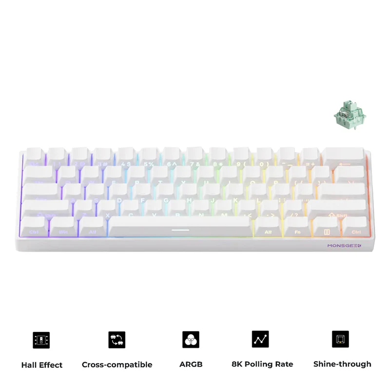 MonsGeek FUN60 Pro HE Shine-through White Wired RGB Magnetic Keyboard (Akko Glare Magnetic Switch) (101-FUN6H-003)