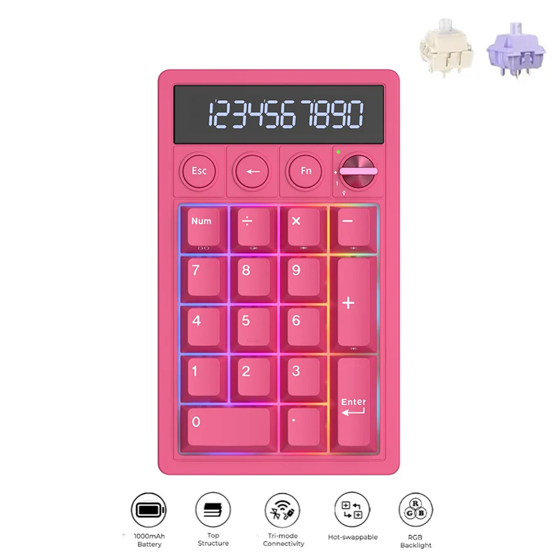 Royal Kludge M20 Tri-Mode RGB 2-in-1 Numeric KeyPad & Calculator Berry Red (Cream Switch, Violet Switch)