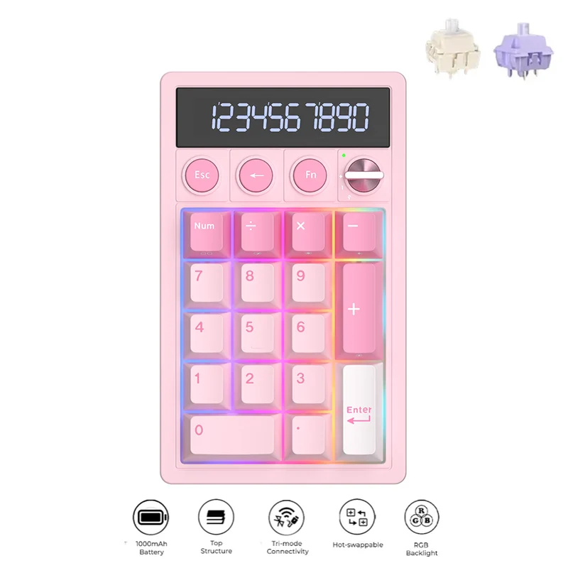 Royal Kludge M20 Tri-Mode RGB 2-in-1 Numeric KeyPad & Calculator Pink Melody (Cream Switch, Violet Switch)