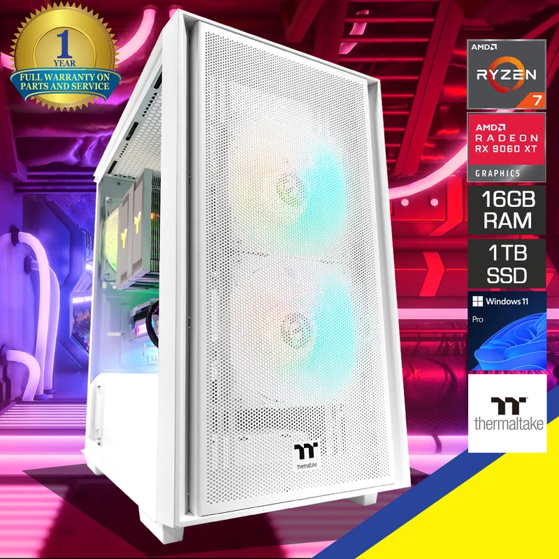 Aurora Versa Snow White Desktop Gaming PC | AMD Ryzen 7 8700F | 16GB (2X8GB) RAM | 1TB SSD | RX 9060 XT | Windows 11 Pro