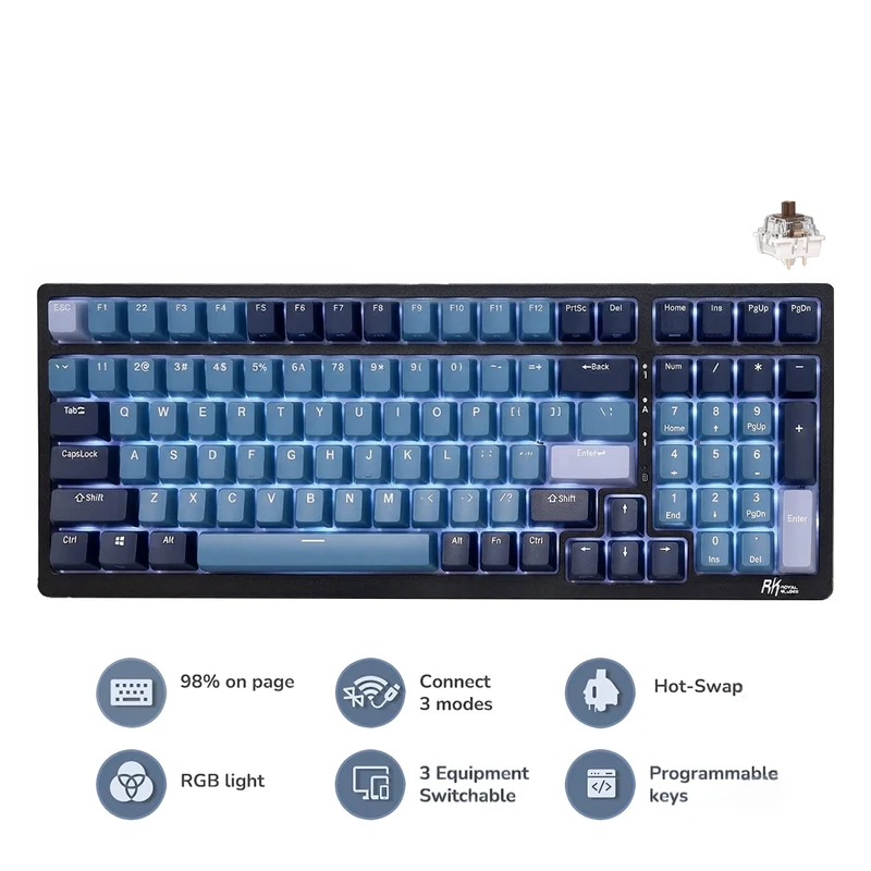Royal Kludge RK98 Tri-Mode RGB 100 Keys Hot Swappable Mechanical Keyboard Indigo (Brown Switch)