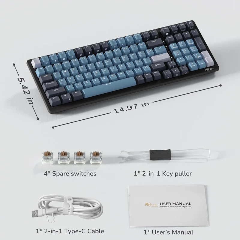 Royal Kludge RK98 Tri-Mode RGB 100 Keys Hot Swappable Mechanical Keyboard Indigo (Brown Switch)