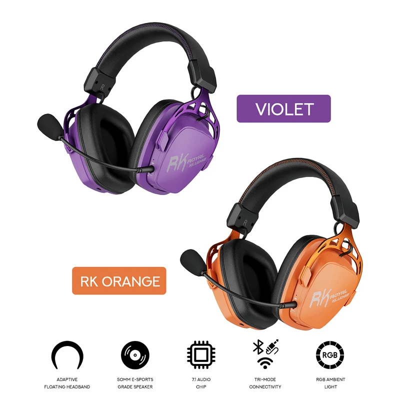 Royal Kludge RK HG103 Pro RGB Tri-Mode Gaming Headphone (Violet, RK Orange)