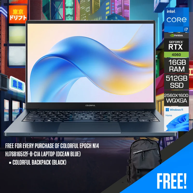 Colorful Epoch N14 HJ76B16512F-B-C1A Laptop (Ocean Blue) | 14" WQXGA (2560x1600) 144Hz | i7-13620H | 16GB RAM | 512GB SSD | RTX 4060 | Windows 11 Home | Colorful Backpack (Black)