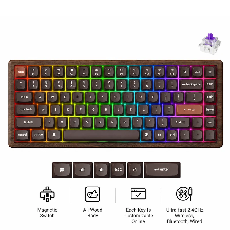 Keychron K2 HE 75% Wireless Hot-Swappable RGB Magnetic Switch Custom Keyboard - All-Wood Special Edition (Gateron Double-Rail Magnetic Nebula Switch) (K2H-F1W)