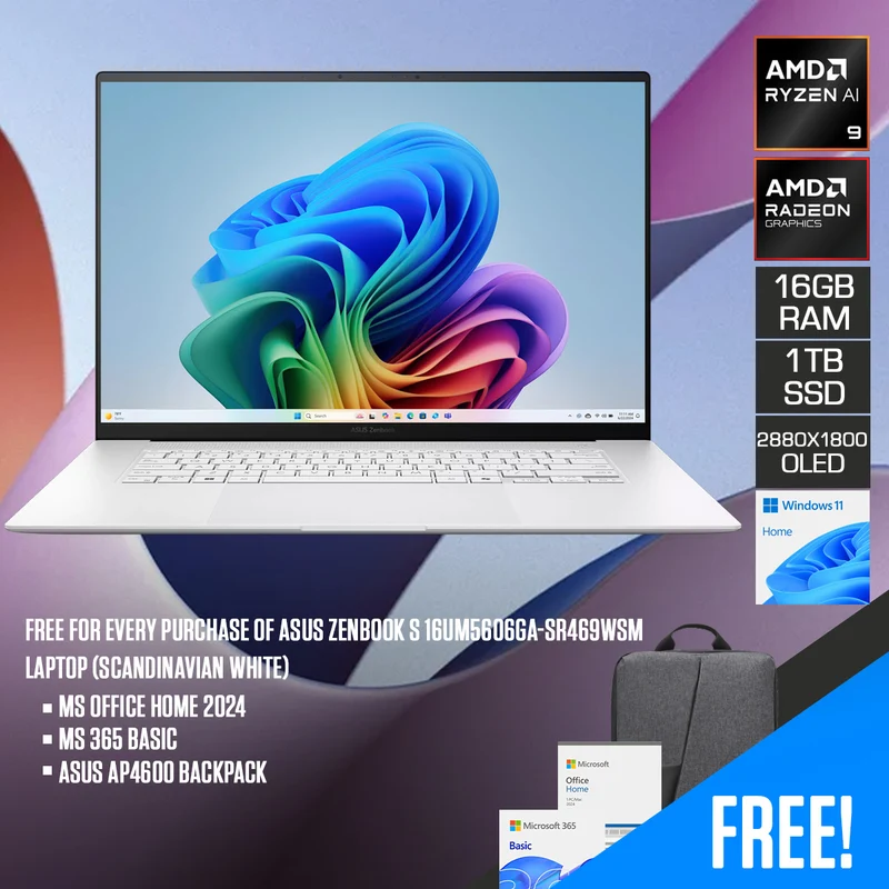 ASUS Zenbook S 16UM5606GA-SR469WSM Laptop (Scandinavian White) | 16" 3K (2880x1800) OLED 120Hz | Ryzen AI 9 465 | 16GB RAM | 1TB SSD | AMD Radeon Graphics | Windows 11 Home | MS Office Home 2024 + MS 365 Basic + ASUS AP4600 Backpack