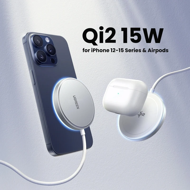 Ugreen Qi2 15W Magnetic Wireless Charger for iPhone & AirPods (Silver) (W703/35565)