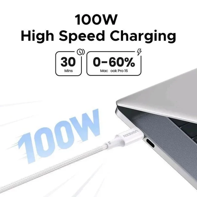 Ugreen USB-C to USB-C 5A/100W PD Fast Charging Braided Cable - 1m (Orange, Black, White)