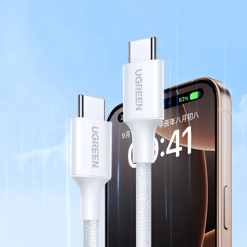 Ugreen USB-C to USB-C 3A/60W PD Fast Charging Braided Cable - 2m (Black, White)