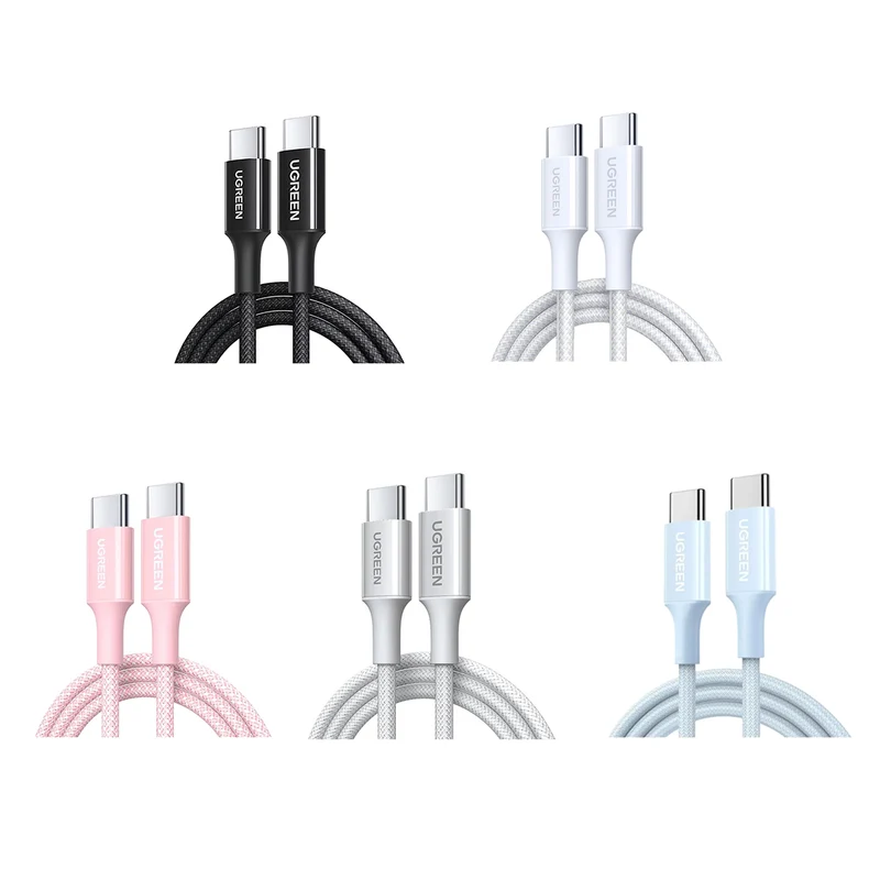 Ugreen USB-C to USB-C 3A/60W PD Fast Charging Braided Cable - 1m (Black, Pink, Titanium Gray, White, Blue)