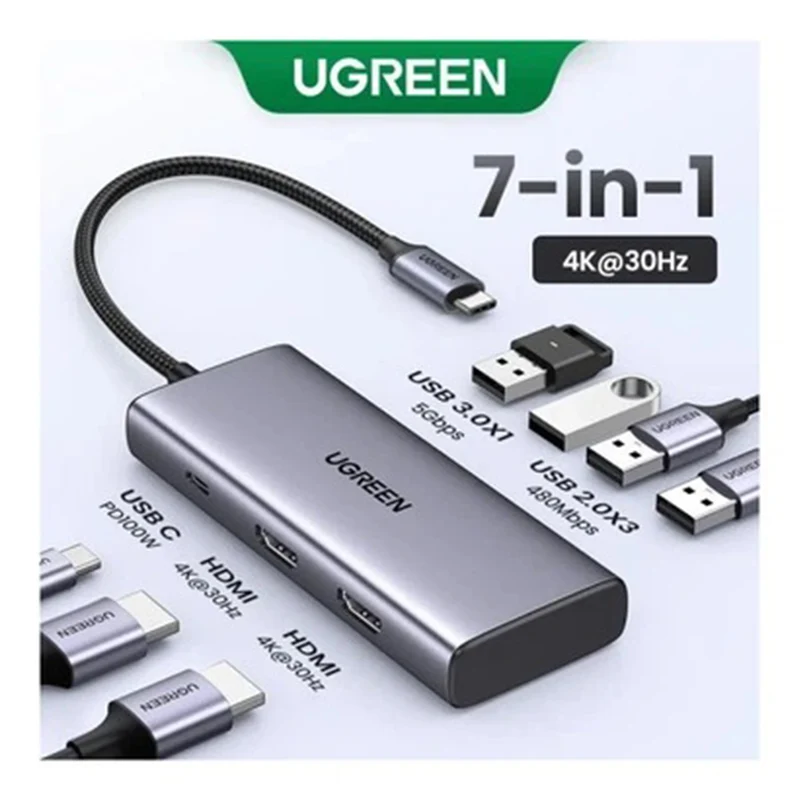 Ugreen USB-C to USB-A 3.0 + 3xUSB-A 2.0 + 2xHDMI + PD Port Converter (7-in-1) Hub - 15cm (Gray) (CM498/35897)