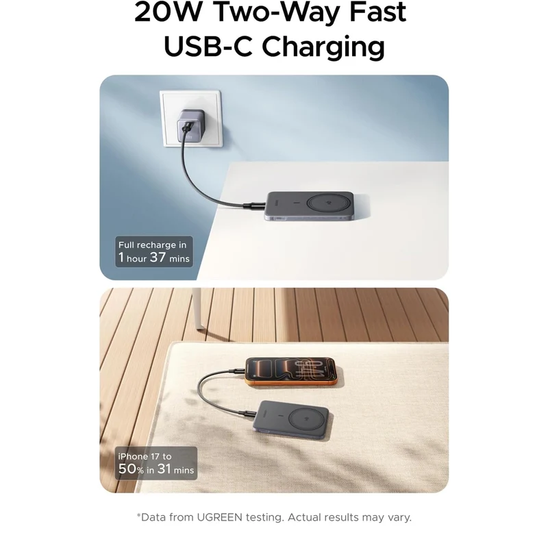 Ugreen MagFlow Air 5000mAh 20W 1xUSB-C + 15W Qi2 Magnetic Wireless Fast Charging Power Bank (Space Gray) (PB580/75984B)