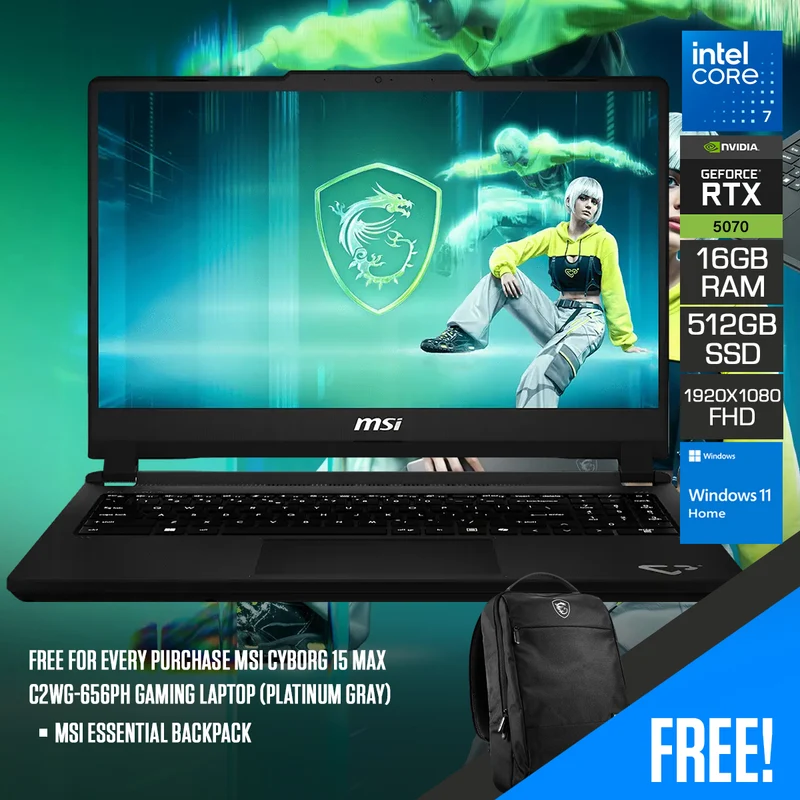 MSI Cyborg 15 MAX C2WG-656PH Gaming Laptop (Platinum Gray) | 15.6" FHD (1920x1080) 144Hz IPS | Core 7 240H | 16GB RAM | 512GB SSD | RTX 5070 | Windows 11 Home | MSI Essential Backpack