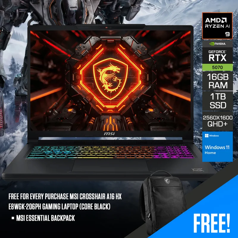 MSI Crosshair A16 HX E8WGK-206PH Gaming Laptop (Core Black) | 16" QHD+ (2560x1600) IPS 240Hz | Ryzen 9 8940HX | 16GB RAM | 1TB SSD | RTX 5070 | Windows 11 Home | MSI Essential Backpack
