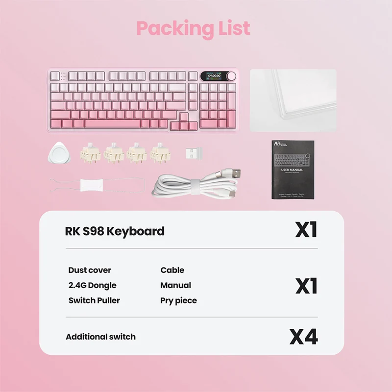 Royal Kludge RK-S98 Tri-Mode RGB 98 Keys Hot Swappable Mechanical Keyboard Pink Gradient (Cream Switch)