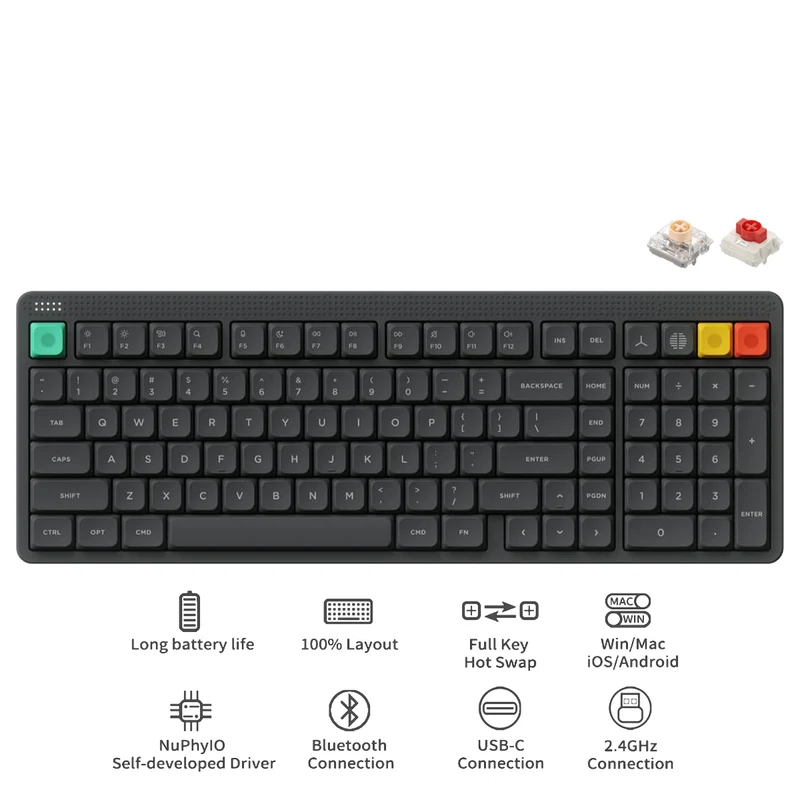 NuPhy Node100 Low-Profile Hot-Swappable Full-Size Tri-Mode Wireless Mechanical Keyboard (Ink Gray) (Blush Nano Switch, Red Nano Switch)