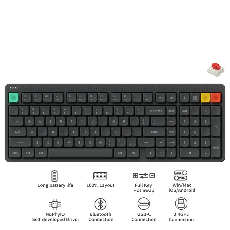 NuPhy Node100 Low-Profile Hot-Swappable Full-Size Tri-Mode Wireless Mechanical Keyboard (Ink Gray) (Blush Nano Switch, Red Nano Switch)