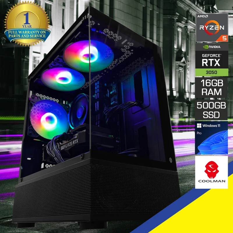 Alpha Reyna Black Desktop Gaming PC | AMD Ryzen 5 5500 | 16GB (2x8GB) RAM | 500GB SSD | RTX 3050 | Windows 11 Pro
