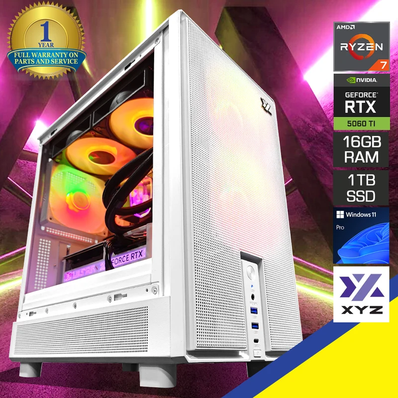Aurora Atom White Desktop Gaming PC | AMD Ryzen 7 8700F | 16GB (2x8GB) RAM | 1TB SSD | RTX 5060 Ti | Windows 11 Pro
