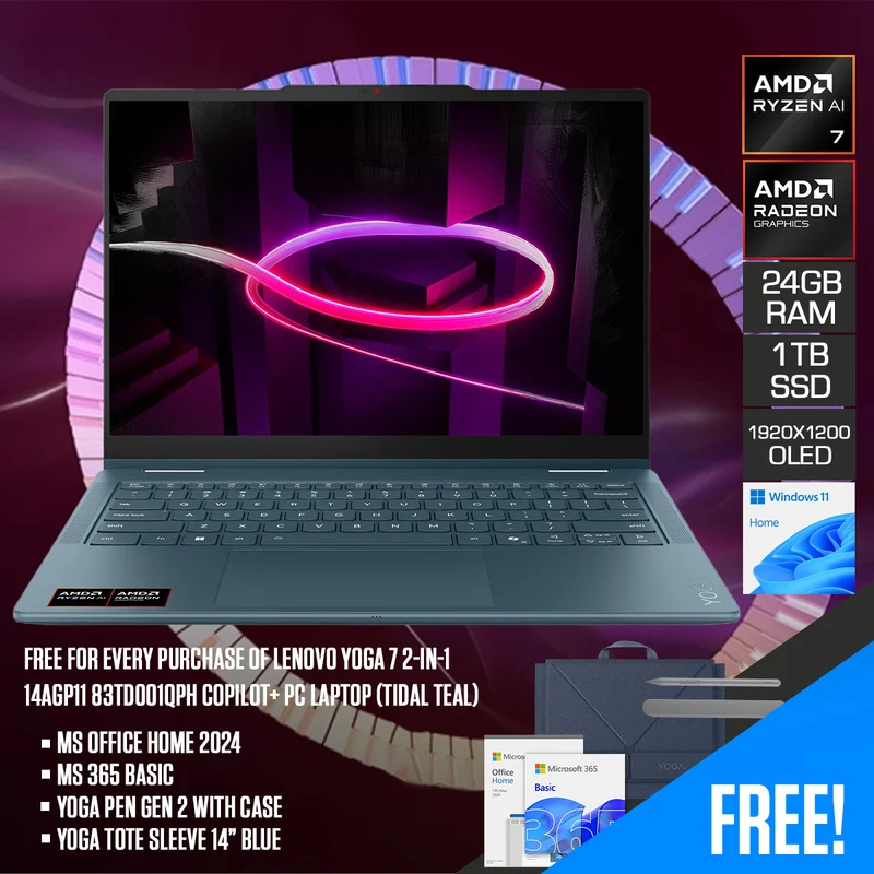 Lenovo Yoga 7 2-in-1 14AGP11 83TD001QPH Copilot+ PC Laptop (Tidal Teal) | 14" WUXGA (1920x1200) OLED | Ryzen AI 7 445 | 24GB RAM | 1TB SSD | AMD Radeon 840M Graphics | Win 11 Home | MS Office Home 2024 + MS 365 Basic+Pen Gen 2 w/ Case+Tote Sleeve 14" Blue