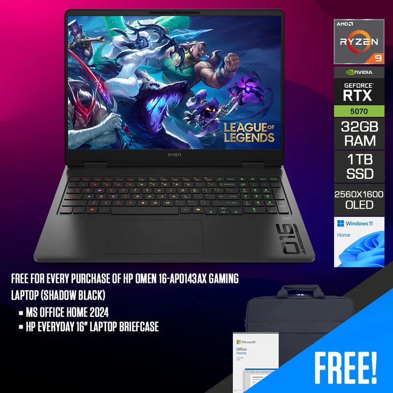 HP Omen 16-ap0143AX Gaming Laptop (Shadow Black) | 16" WQXGA (2560x1600) 240Hz IPS | Ryzen 9 8940HX | 32GB RAM | 1TB SSD | RTX 5070 | Windows 11 Home | MS Office Home 2024 + HP Everyday 16" Laptop Briefcase