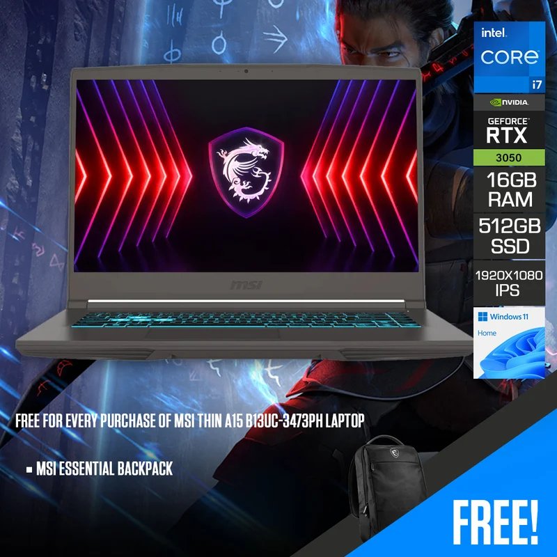 MSI Thin A15 B13UC-3473PH Laptop | 15.6" FHD (1920x1080) 144Hz IPS | i7-13620H | 16GB RAM | 512GB SSD | RTX 3050 | Windows 11 Home | MSI Essential Backpack