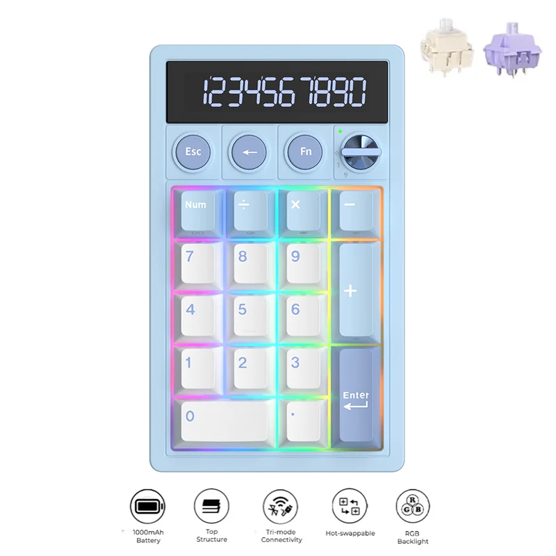 Royal Kludge M20 Tri-Mode RGB 2-in-1 Numeric KeyPad & Calculator Rhythm Blue (Cream Switch, Violet Switch)