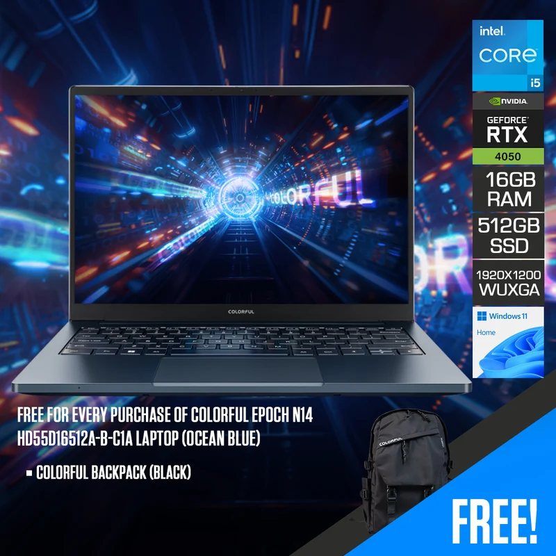 Colorful Epoch N14 HD55D16512A-B-C1A Laptop (Ocean Blue) | 14" WUXGA (1920x1200) 144Hz IPS | i5-12500H | 16GB RAM | 512GB SSD | RTX 4050 | Windows 11 Home | Colorful Backpack (Black)