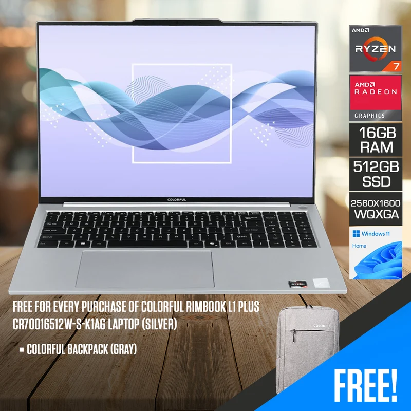 Colorful Rimbook L1 Plus CR70016512W-S-K1AG Laptop (Silver) | 16" WQXGA (2560x1600) IPS | Ryzen 7 7735HS | 16GB RAM | 512GB SSD | AMD Radeon Graphics | Windows 11 Home | Colorful Backpack (Gray)