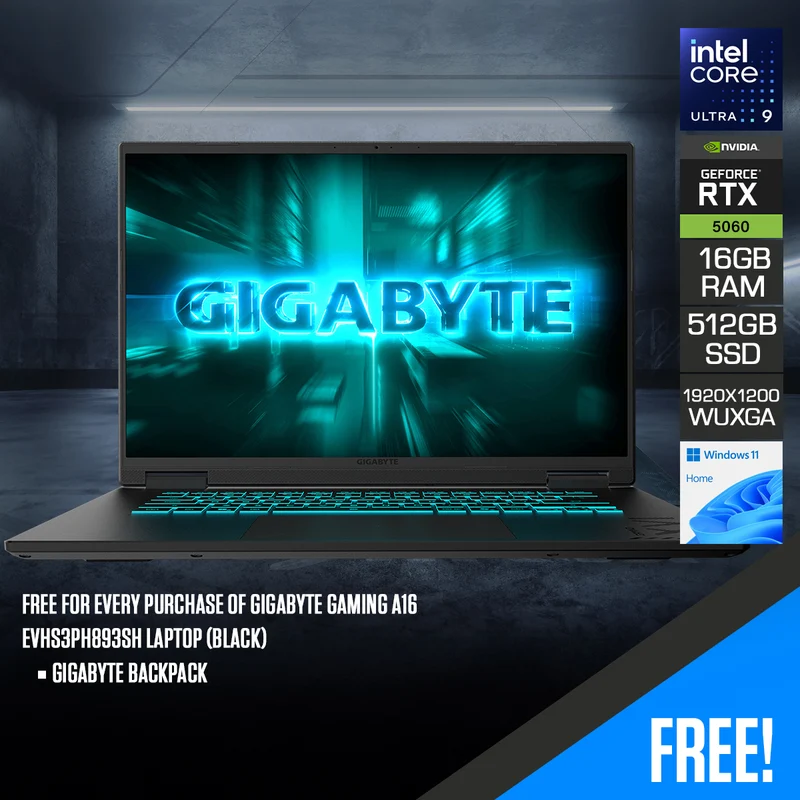 Gigabyte Gaming A16 EVHS3PH893SH Laptop (Black) | 16" WUXGA (1920x1200) 165Hz IPS | Intel Core Ultra 9 185H | 16GB RAM | 512GB SSD | RTX 5060 | Windows 11 Home | Gigabyte Backpack